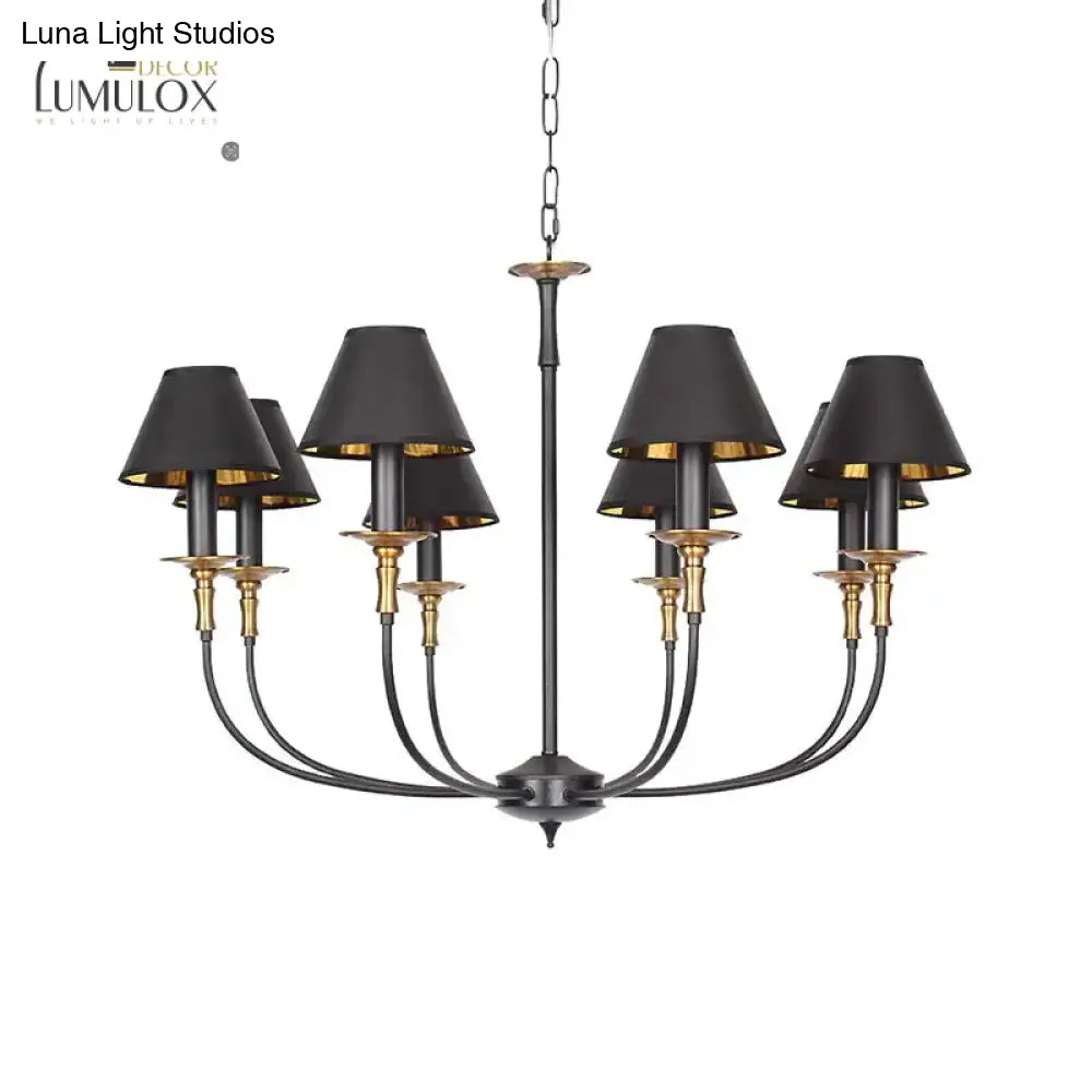 Traditional Cone Shape Chandelier 3/4/6-Head Fabric Hanging Pendant In Black/Chrome With Swooping