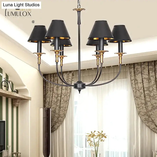 Traditional Cone Shape Chandelier 3/4/6-Head Fabric Hanging Pendant In Black/Chrome With Swooping