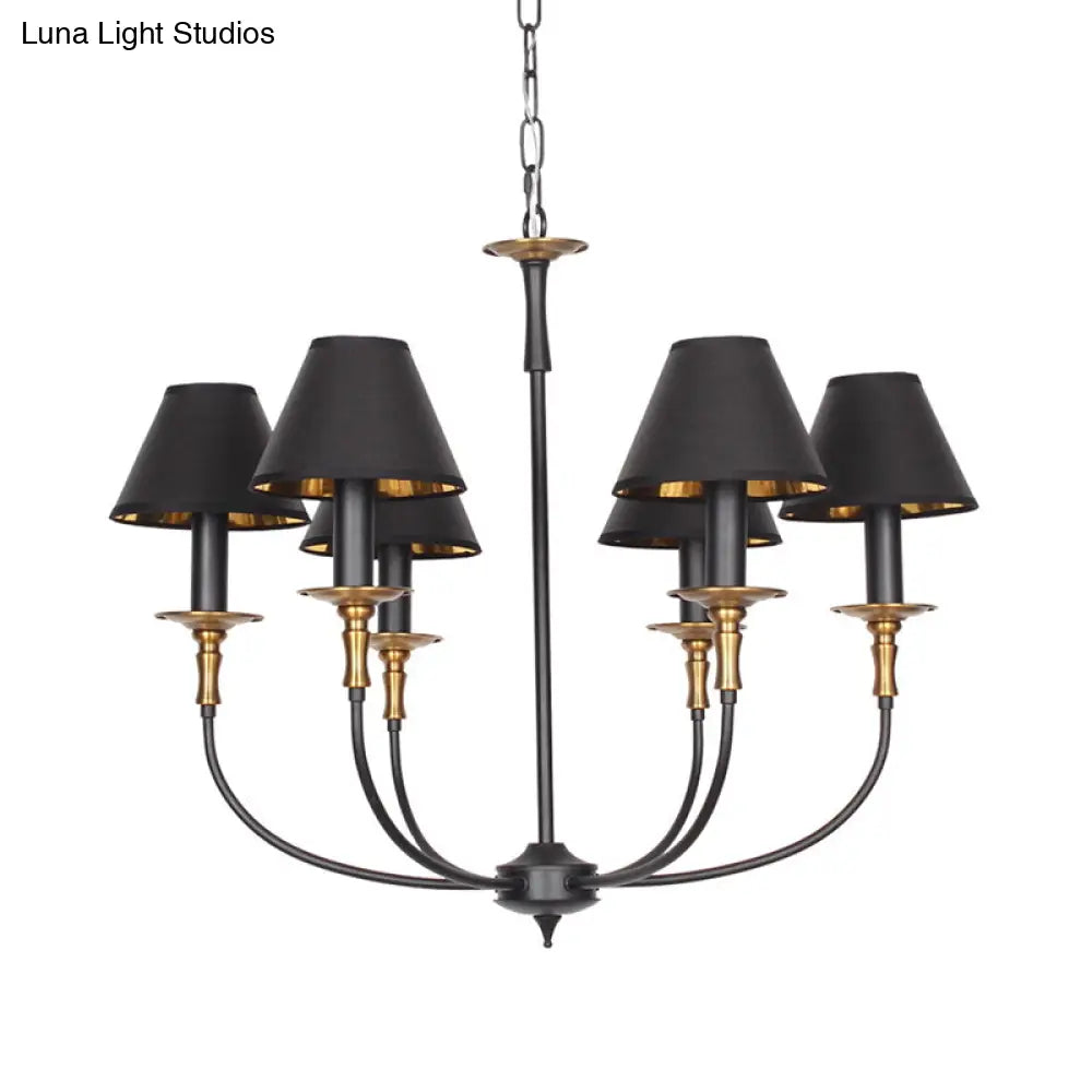 Classic Cone Shape Chandelier - Fabric Pendant In Black/Chrome With Swooping Arm 3/4/6 Head Options