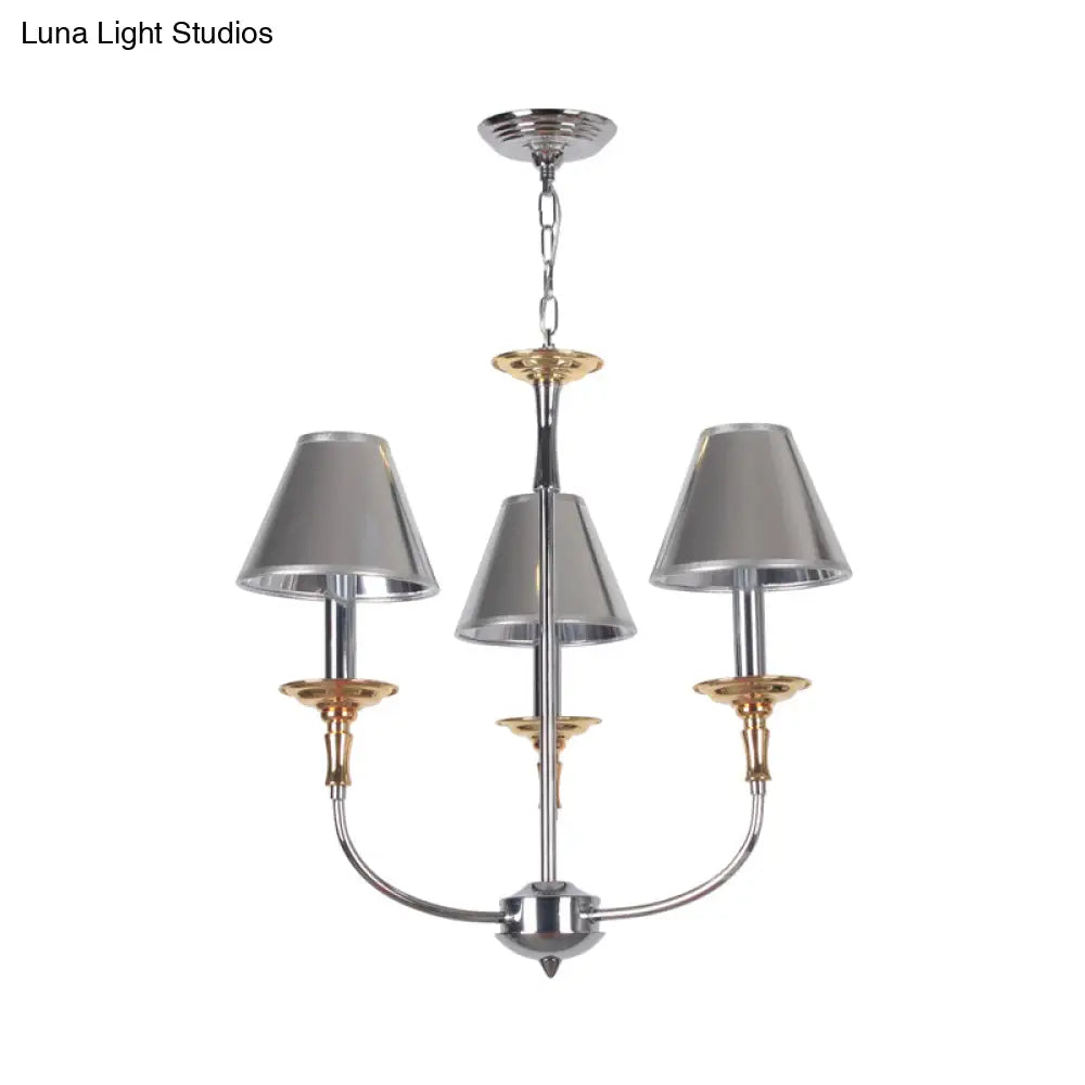 Classic Cone Shape Chandelier - Fabric Pendant In Black/Chrome With Swooping Arm 3/4/6 Head Options