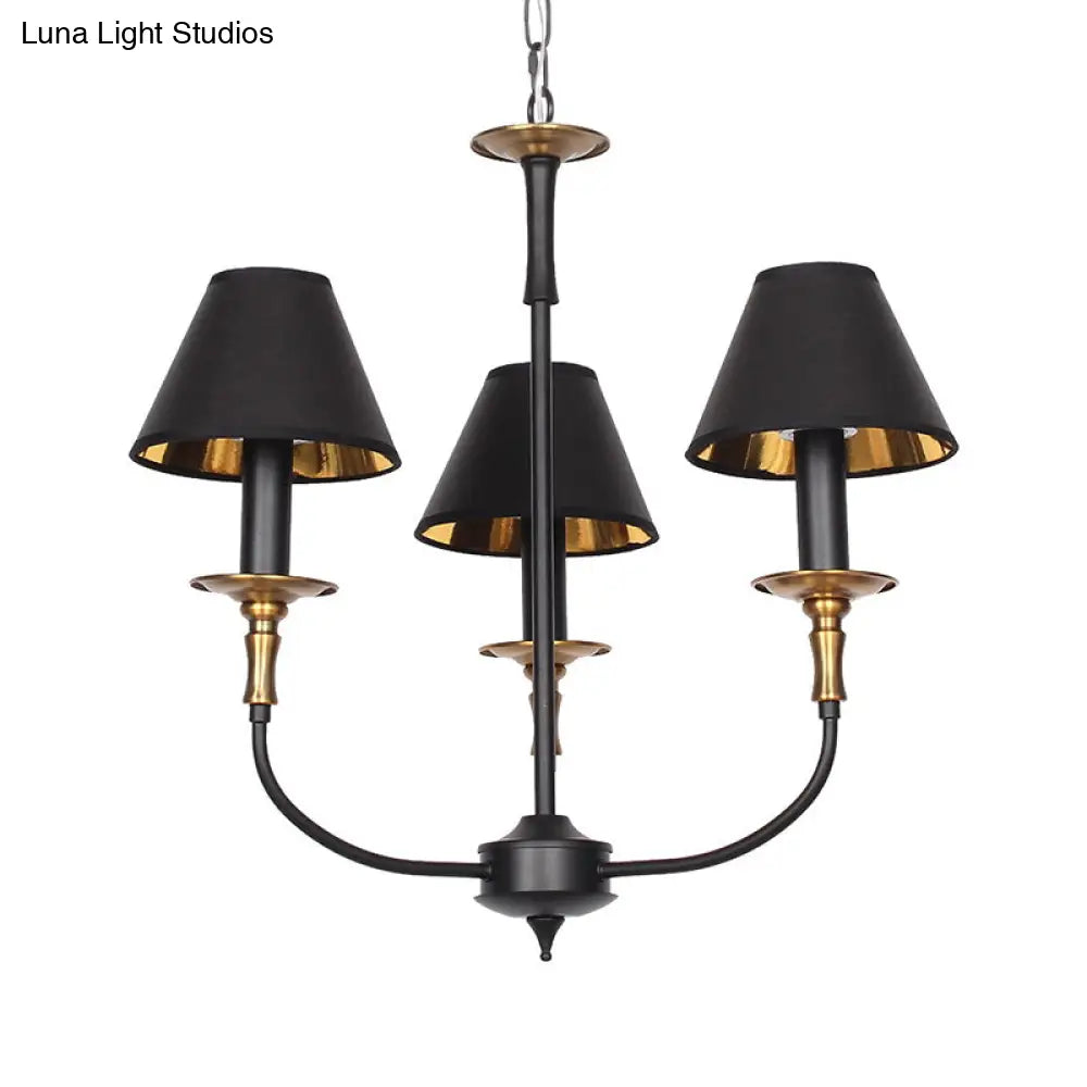 Classic Cone Shape Chandelier - Fabric Pendant In Black/Chrome With Swooping Arm 3/4/6 Head Options