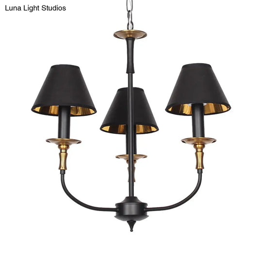 Classic Cone Shape Chandelier - Fabric Pendant In Black/Chrome With Swooping Arm 3/4/6 Head Options