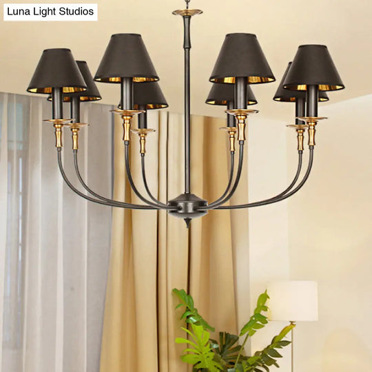 Classic Cone Shape Chandelier - Fabric Pendant In Black/Chrome With Swooping Arm 3/4/6 Head Options