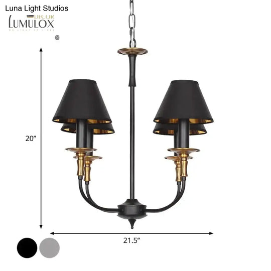 Traditional Cone Shape Chandelier 3/4/6-Head Fabric Hanging Pendant In Black/Chrome With Swooping