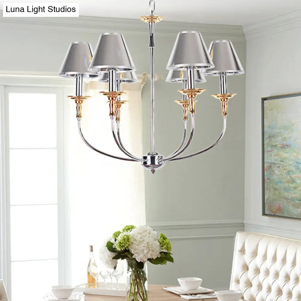 Classic Cone Shape Chandelier - Fabric Pendant In Black/Chrome With Swooping Arm 3/4/6 Head Options