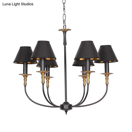 Classic Cone Shape Chandelier - Fabric Pendant In Black/Chrome With Swooping Arm 3/4/6 Head Options
