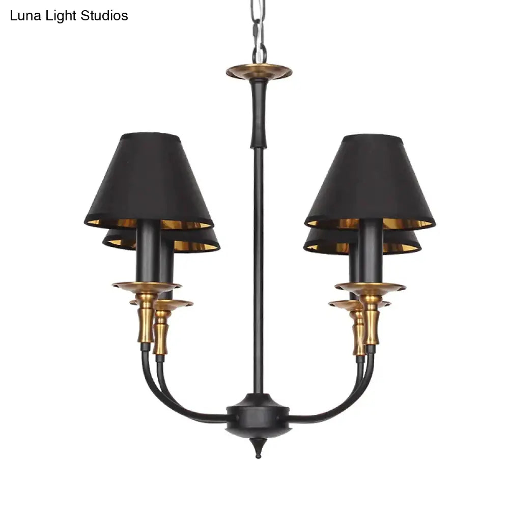 Classic Cone Shape Chandelier - Fabric Pendant In Black/Chrome With Swooping Arm 3/4/6 Head Options