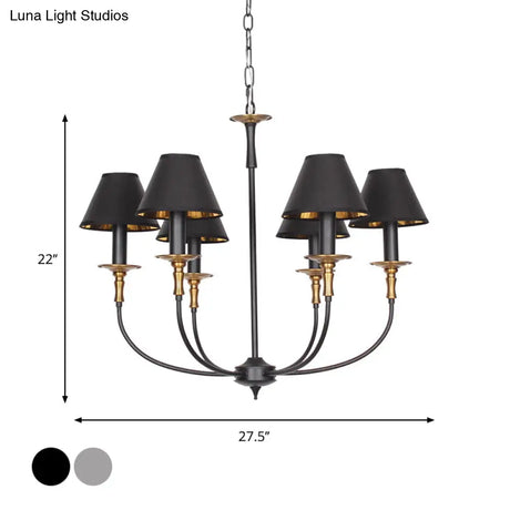 Classic Cone Shape Chandelier - Fabric Pendant In Black/Chrome With Swooping Arm 3/4/6 Head Options
