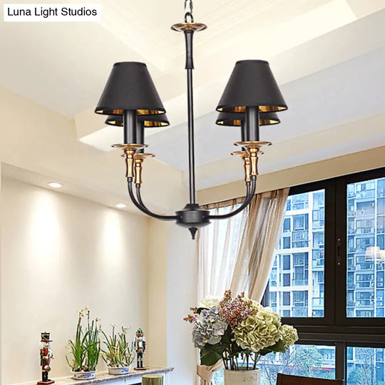 Classic Cone Shape Chandelier - Fabric Pendant In Black/Chrome With Swooping Arm 3/4/6 Head Options