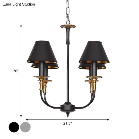 Classic Cone Shape Chandelier - Fabric Pendant In Black/Chrome With Swooping Arm 3/4/6 Head Options