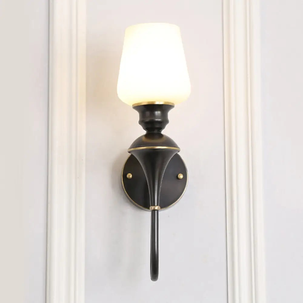 Traditional Cone White Glass Wall Sconce Light Bedroom Mounted In Gold/Black 1 / Black