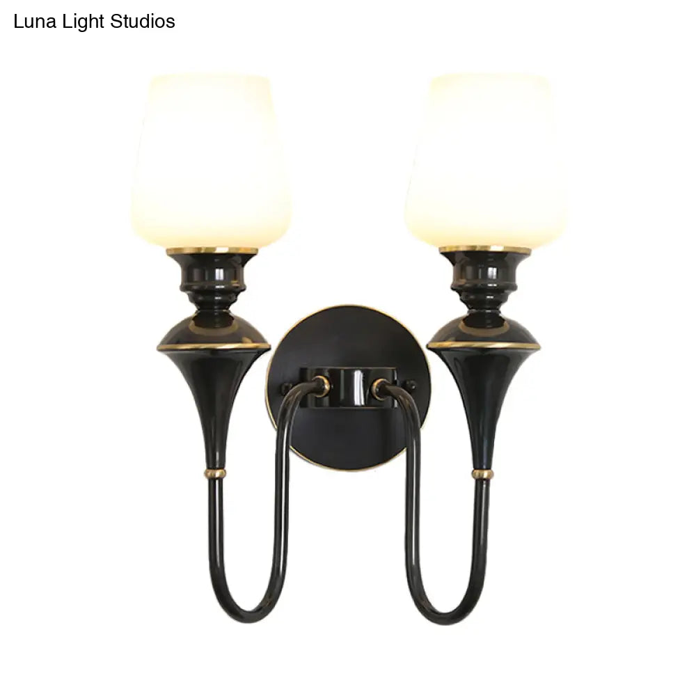 Traditional Cone White Glass Wall Sconce Light Bedroom Mounted In Gold/Black