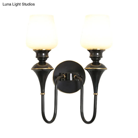 Traditional Cone White Glass Wall Sconce Light Bedroom Mounted In Gold/Black