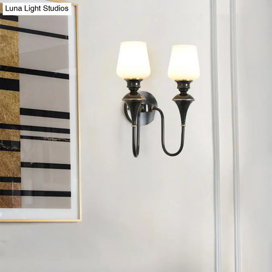 Traditional Cone White Glass Wall Sconce Light Bedroom Mounted In Gold/Black