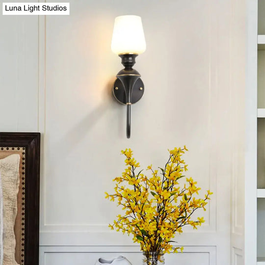 Traditional Cone White Glass Wall Sconce Light Bedroom Mounted In Gold/Black