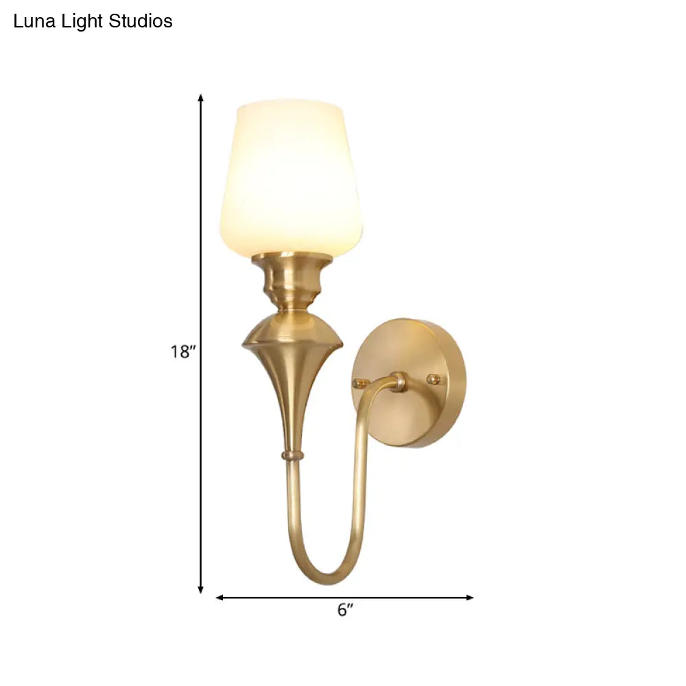 Traditional Cone White Glass Wall Sconce Light Bedroom Mounted In Gold/Black