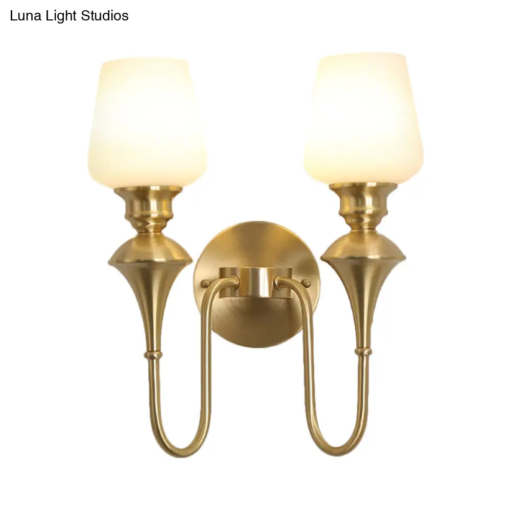 Traditional Cone White Glass Wall Sconce Light Bedroom Mounted In Gold/Black