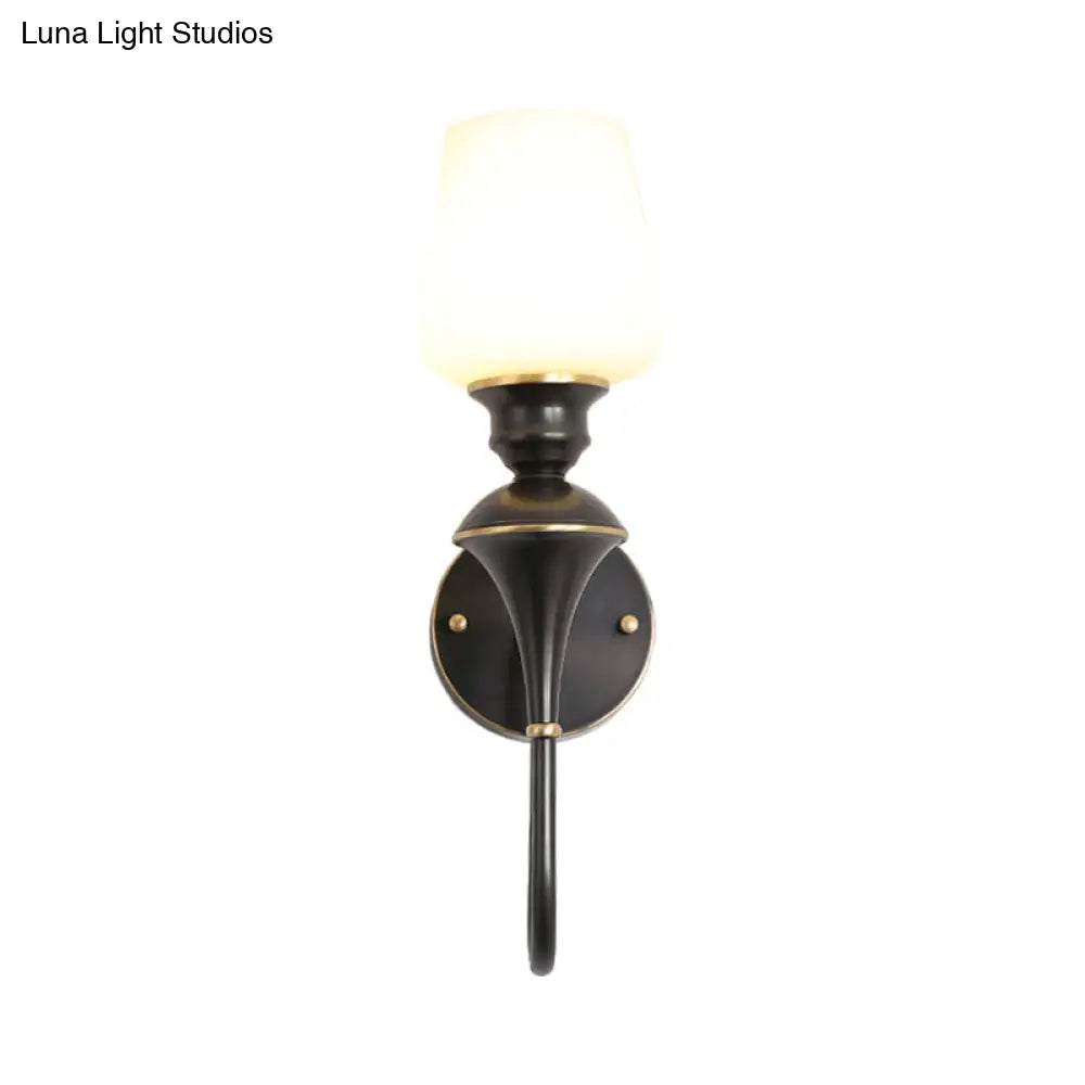 Traditional Cone White Glass Wall Sconce Light Bedroom Mounted In Gold/Black