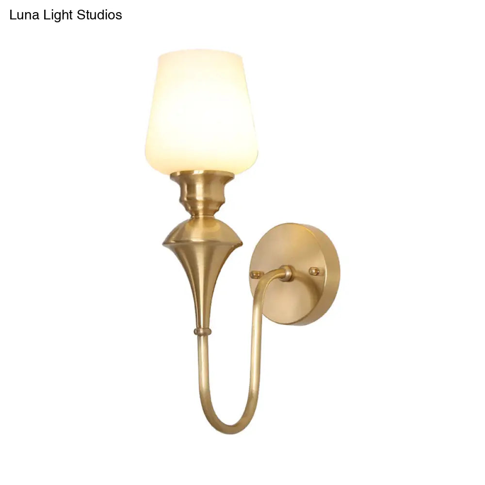 Traditional Cone White Glass Wall Sconce Light Bedroom Mounted In Gold/Black