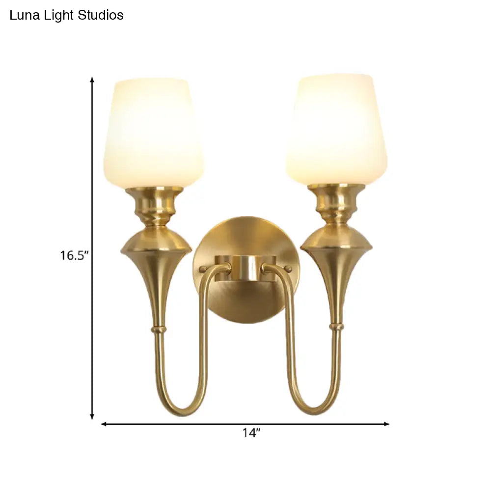 Traditional Cone White Glass Wall Sconce Light Bedroom Mounted In Gold/Black