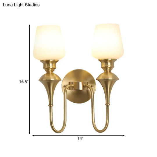 Traditional Cone White Glass Wall Sconce Light Bedroom Mounted In Gold/Black