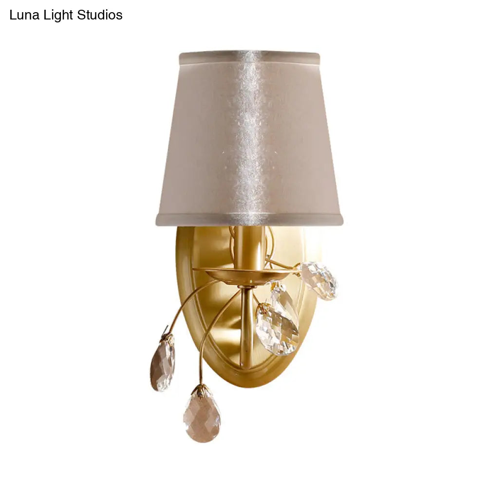 Traditional Conical Crystal Wall Light Sconce With Brass Fixture And Fabric Shade