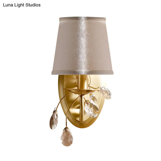 Traditional Conical Crystal Wall Light Sconce With Brass Fixture And Fabric Shade