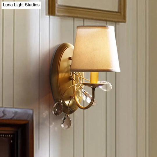 Traditional Conical Crystal Wall Light Sconce With Brass Fixture And Fabric Shade