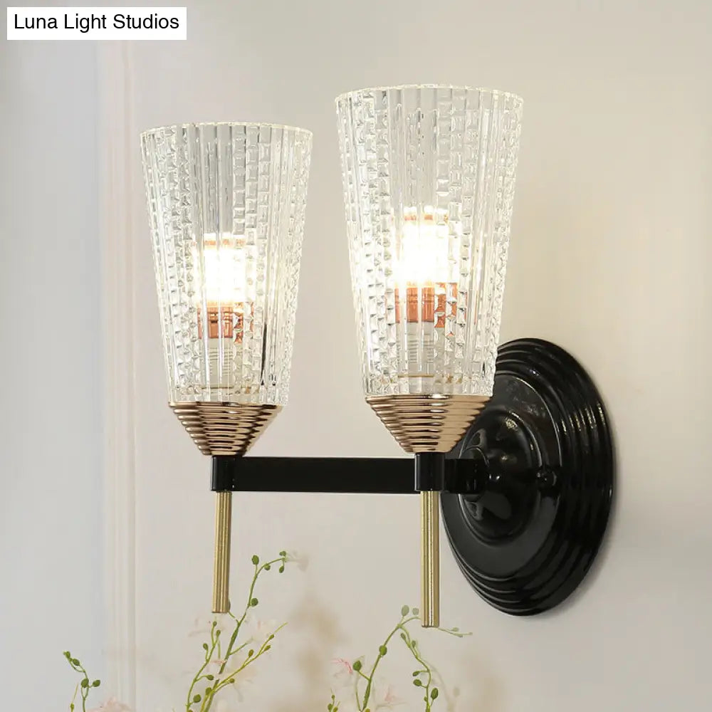 Traditional Conical Glass Wall Sconce - Black 1/2-Light Mounted Light For Foyer