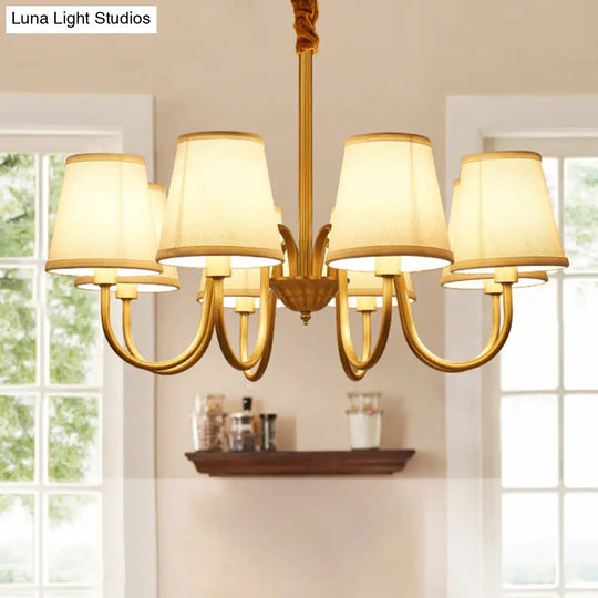 Traditional Conical Living Room Chandelier With Gold Swoop Arm - Fabric 5/6/8-Light Hanging Lamp