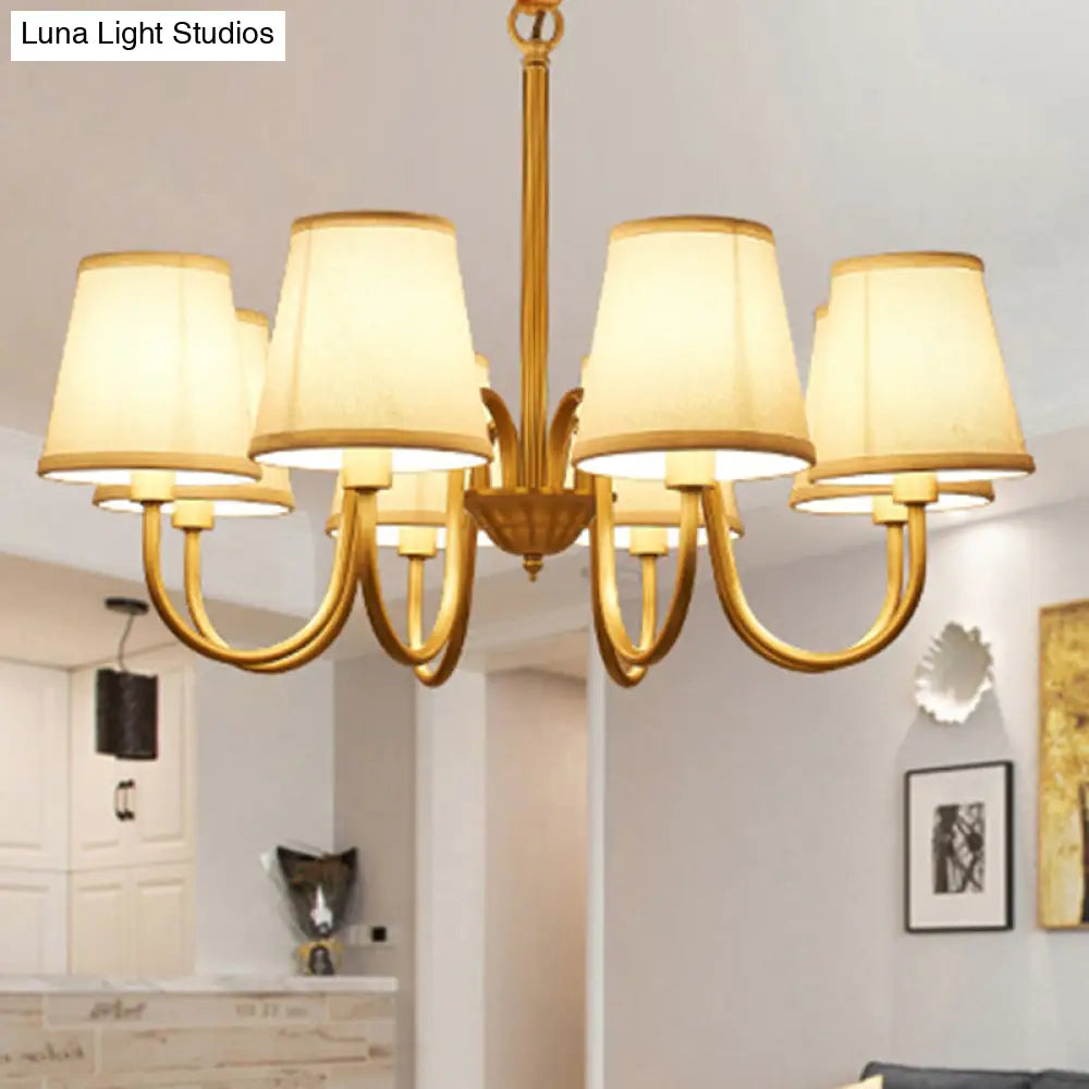 Traditional Conical Living Room Chandelier With Gold Swoop Arm - Fabric 5/6/8-Light Hanging Lamp