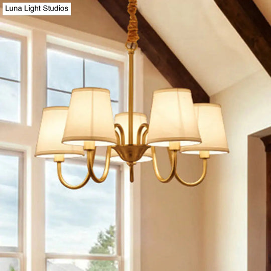 Traditional Conical Living Room Chandelier With Gold Swoop Arm - Fabric 5/6/8-Light Hanging Lamp