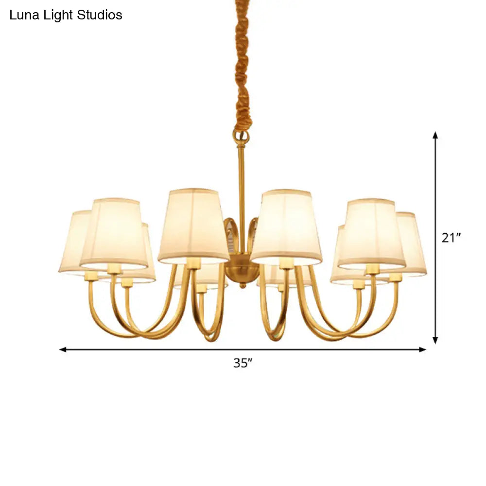 Traditional Conical Living Room Chandelier With Gold Swoop Arm - Fabric 5/6/8-Light Hanging Lamp