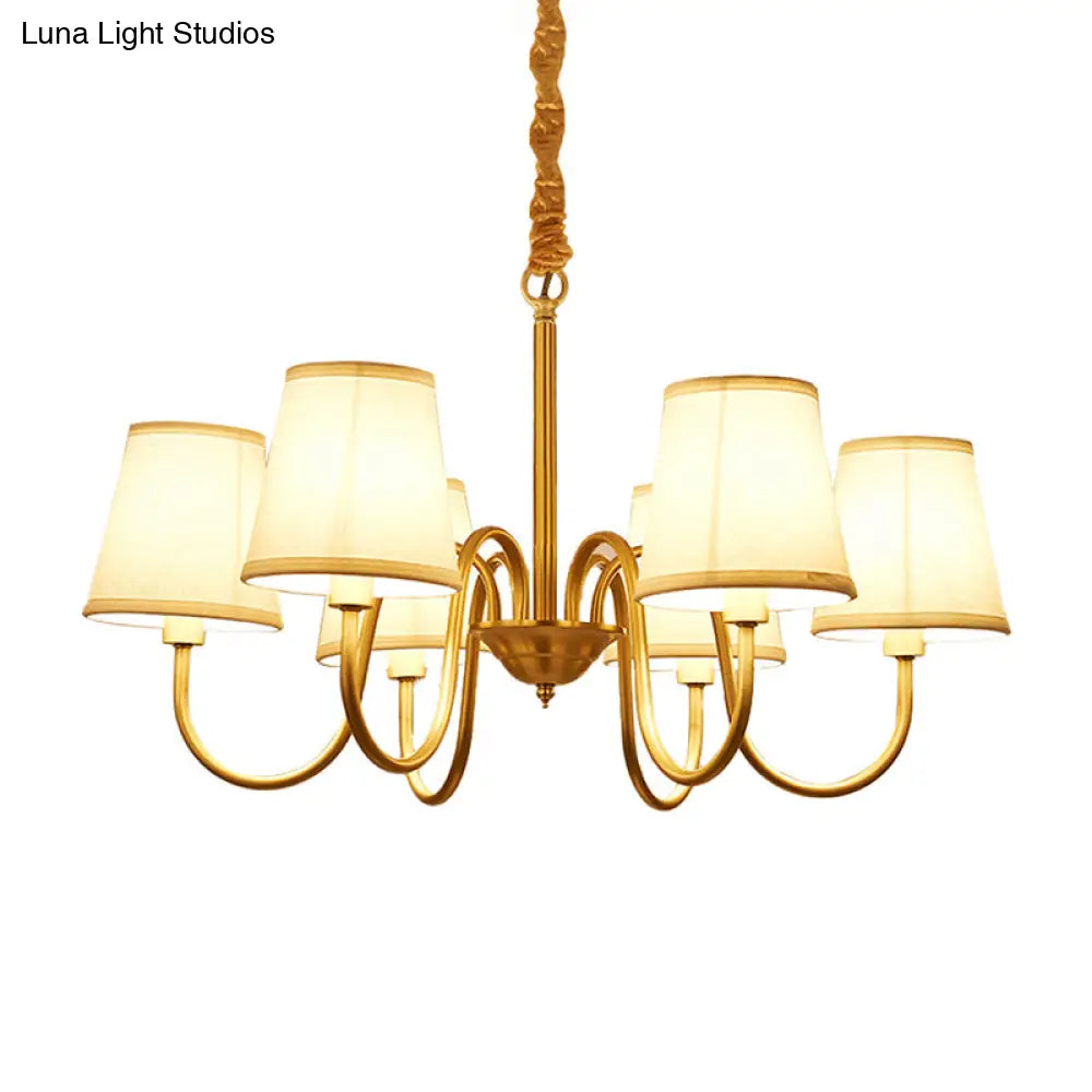 Traditional Conical Living Room Chandelier With Gold Swoop Arm - Fabric 5/6/8-Light Hanging Lamp