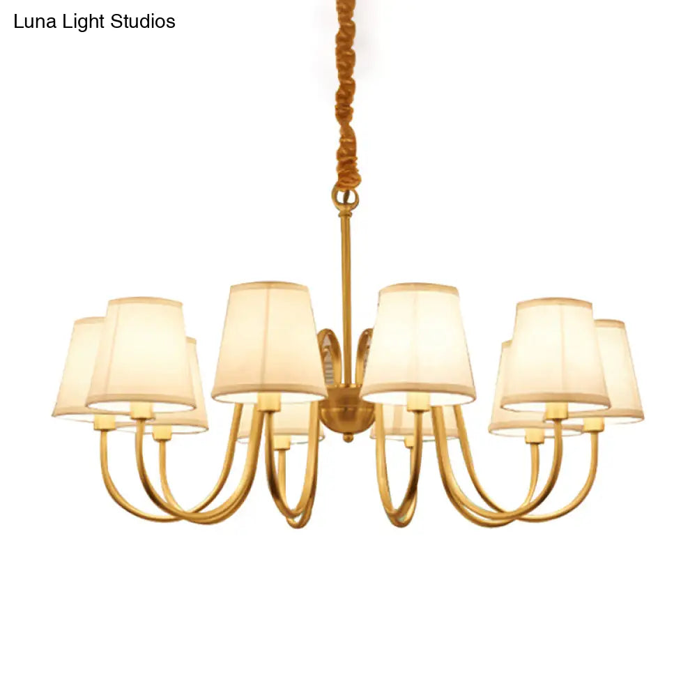 Traditional Conical Living Room Chandelier With Gold Swoop Arm - Fabric 5/6/8-Light Hanging Lamp