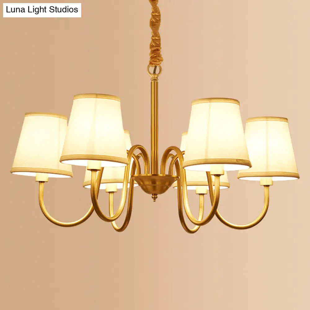 Traditional Conical Living Room Chandelier With Gold Swoop Arm - Fabric 5/6/8-Light Hanging Lamp