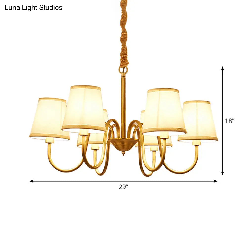 Traditional Conical Living Room Chandelier With Gold Swoop Arm - Fabric 5/6/8-Light Hanging Lamp