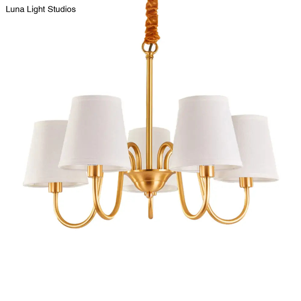 Traditional Conical Living Room Chandelier With Gold Swoop Arm - Fabric 5/6/8-Light Hanging Lamp