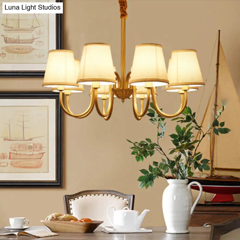 Traditional Conical Living Room Chandelier With Gold Swoop Arm - Fabric 5/6/8-Light Hanging Lamp