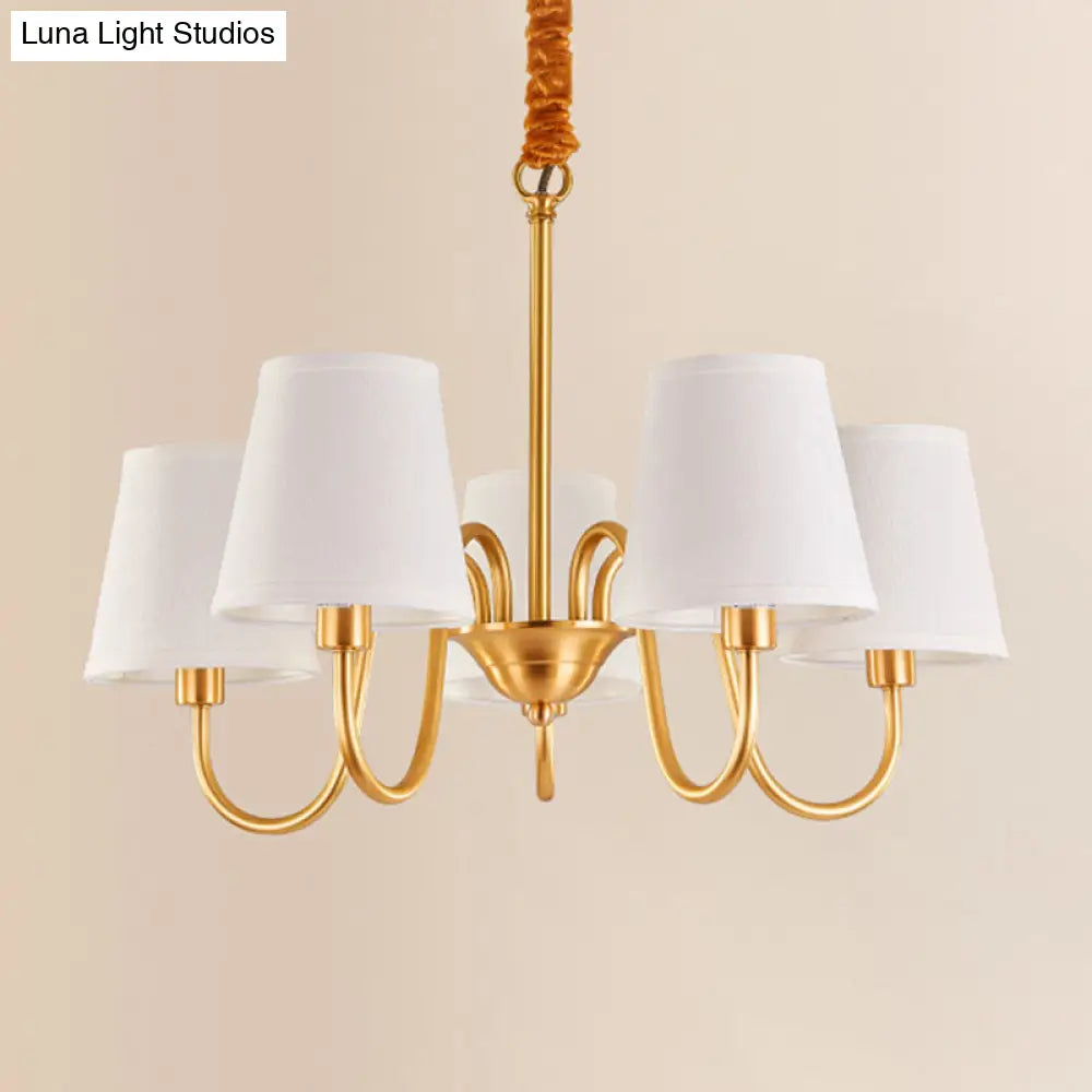 Traditional Conical Living Room Chandelier With Gold Swoop Arm - Fabric 5/6/8-Light Hanging Lamp