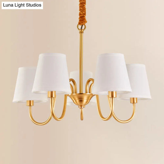 Traditional Conical Living Room Chandelier With Gold Swoop Arm - Fabric 5/6/8-Light Hanging Lamp