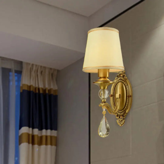 Traditional Conical Wall Mount Lamp - Fabric Sconce Lighting In Gold With Crystal Embellishments 1 /