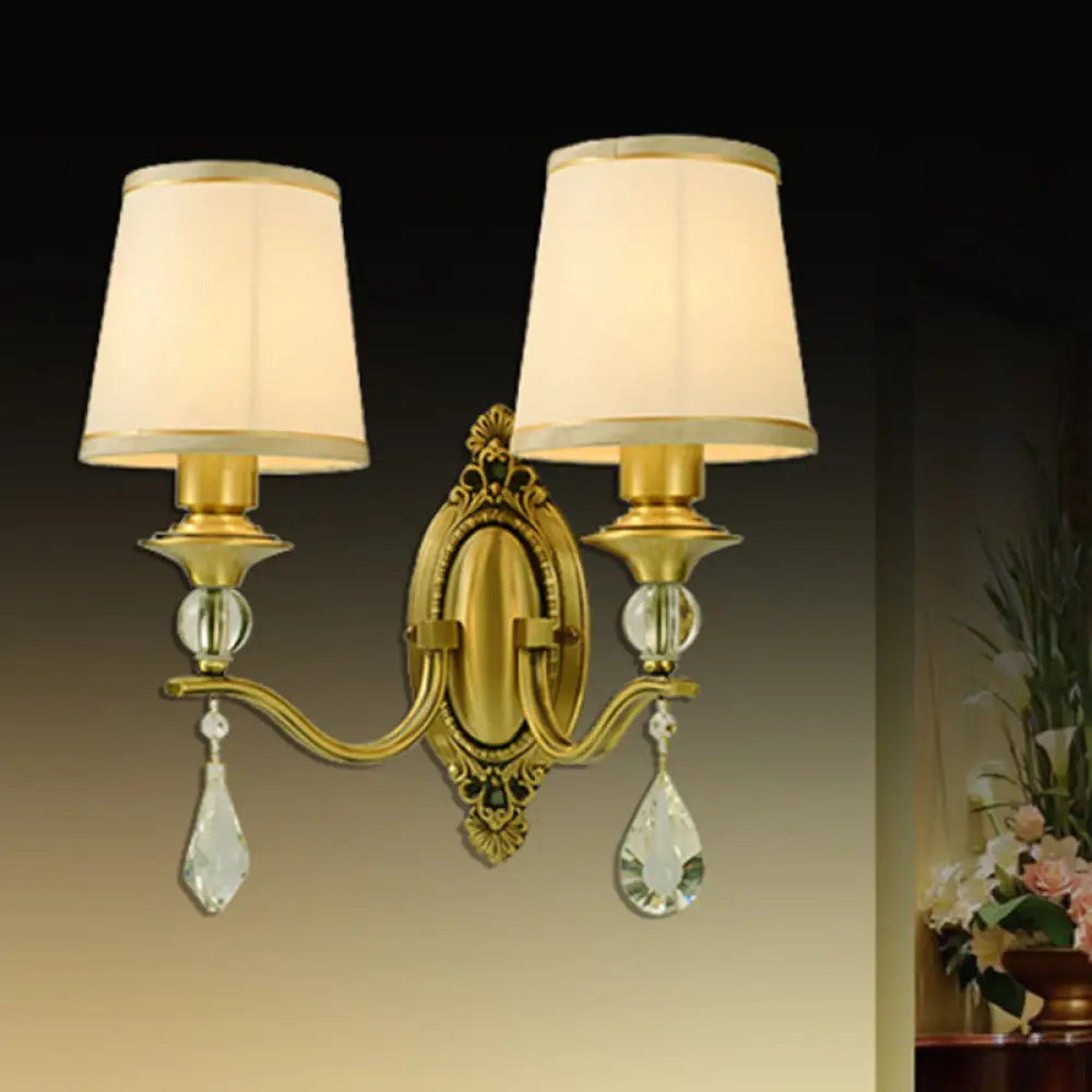 Traditional Conical Wall Mount Lamp - Fabric Sconce Lighting In Gold With Crystal Embellishments 2 /