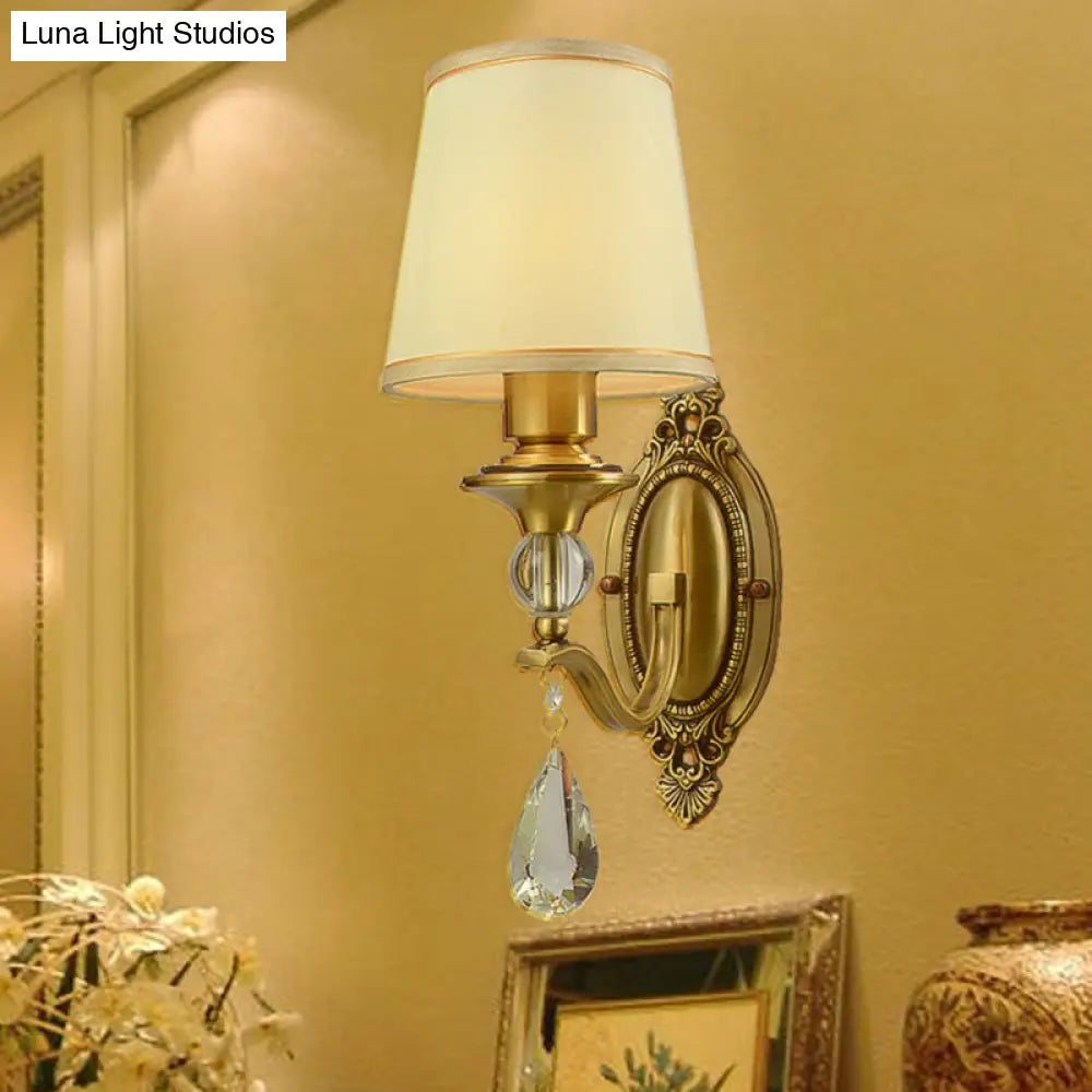 Traditional Conical Wall Mount Lamp - Fabric Sconce Lighting In Gold With Crystal Embellishments