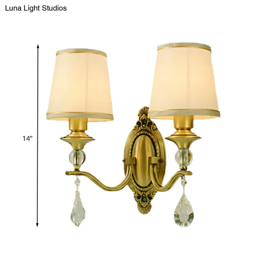 Traditional Conical Wall Mount Lamp - Fabric Sconce Lighting In Gold With Crystal Embellishments