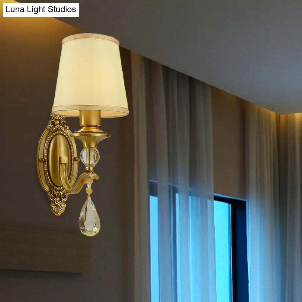 Traditional Conical Wall Mount Lamp - Fabric Sconce Lighting In Gold With Crystal Embellishments