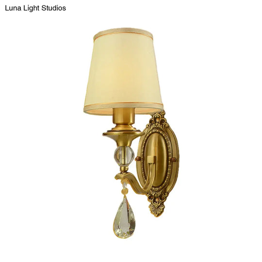 Traditional Conical Wall Mount Lamp - Fabric Sconce Lighting In Gold With Crystal Embellishments