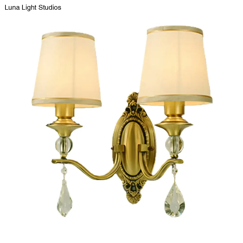 Traditional Conical Wall Mount Lamp - Fabric Sconce Lighting In Gold With Crystal Embellishments