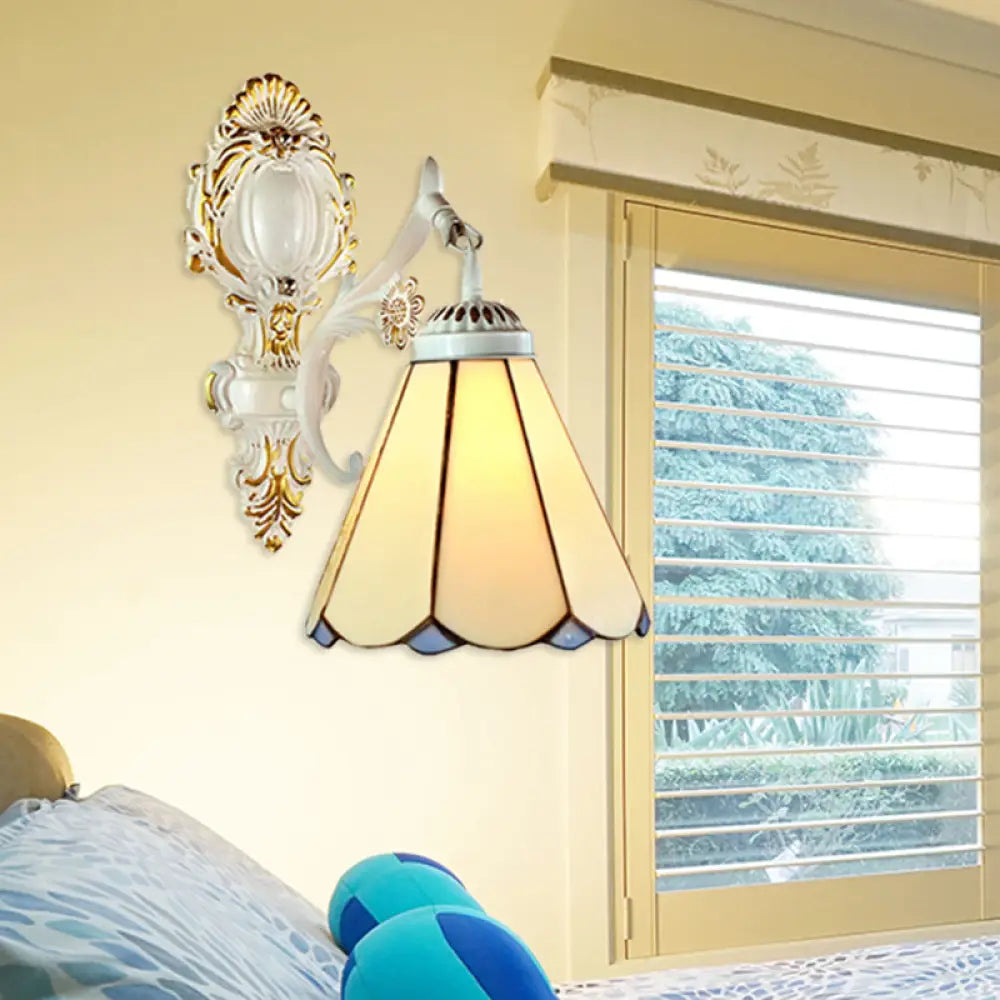 Traditional Conical Wall Sconce Light In White Finish For Bedroom Beige