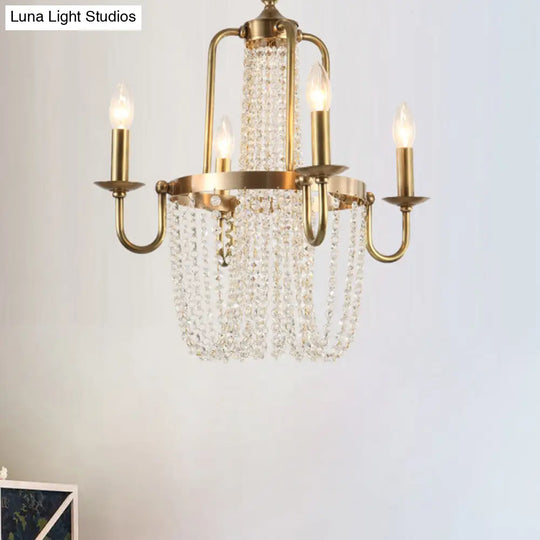 Traditional Copper Chandelier With Crystal Tassel - 4 Lights Golden Scroll Frame Hanging Ceiling